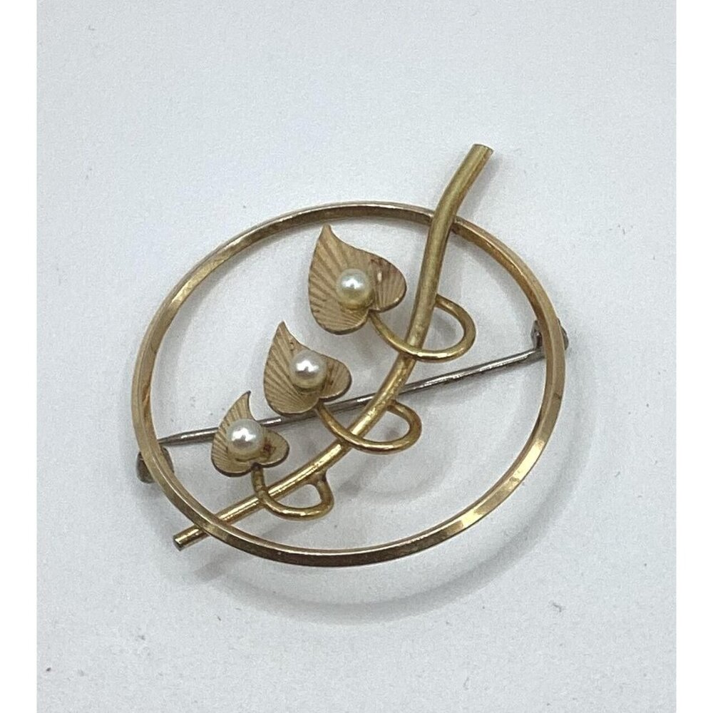 1960s Krementz Triple Leaf Brooch Pin with Pearls-Signed
